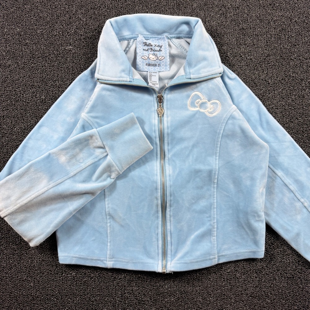 Forever 21 X Hello Kitty Velour Full Zip Track Jacket Women's L Blue Embroidered